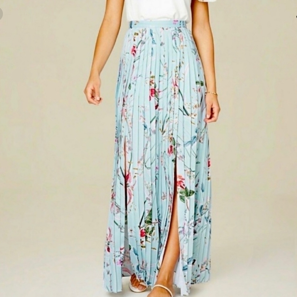 Bebe Spring Floral Double Slit Pleated Maxi Zipper Waist Lined Skirt Size 0P